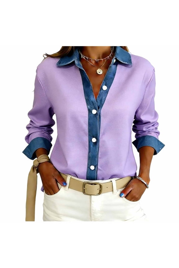 Womens Purple Button Down Shirt Long Sleeve Oversized, Denim Trim Contrast Collar & Cuffs, Comfort Stretch Wrinkle Resistant Casual Blouse,Size 2XL