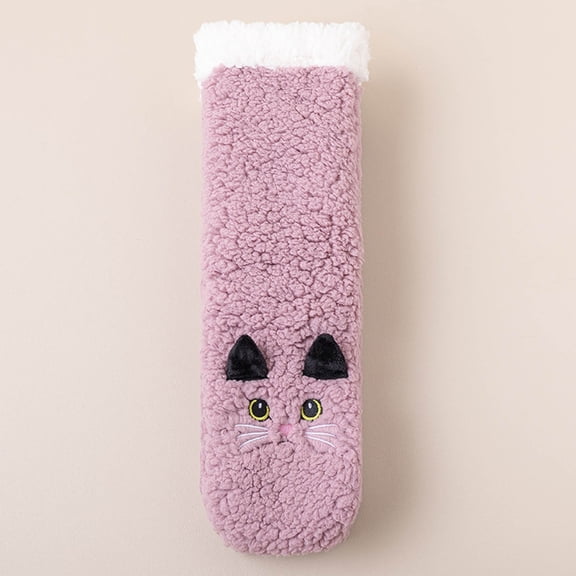 Womens Purple Cat Socks with 3D Ears, Plush Furry Sherpa Slipper Socks for Women, Warm Indoor Cozy House Socks, One Size Fits Most,Size Free Size