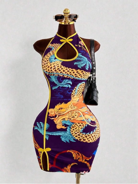 Womens Purple Dragon Print Halter Neck Cheongsam Dress Vintage Bodycon Mini