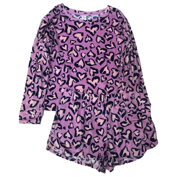 Womens Purple Fleece Leopard Print Pajamas Top & Shorts Sleep Set Large