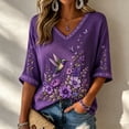 thumbnail image 1 of Womens Purple Floral & Hummingbird Print Alzheimer'S Awareness Support Tops Alzheimer Purple Ribbon 3/4 Length Sleeve V Neck T Shirts For Women, 1 of 4