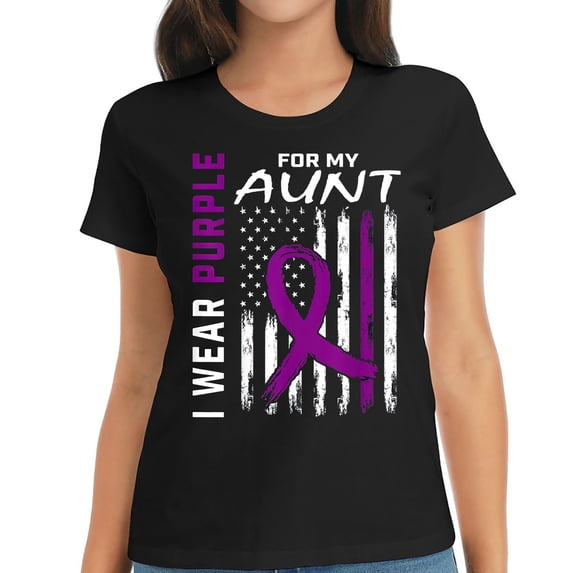 Womens Purple For My Aunt Pancreatic Cancer Awareness American Flag T-Shirt Black 2X-Large