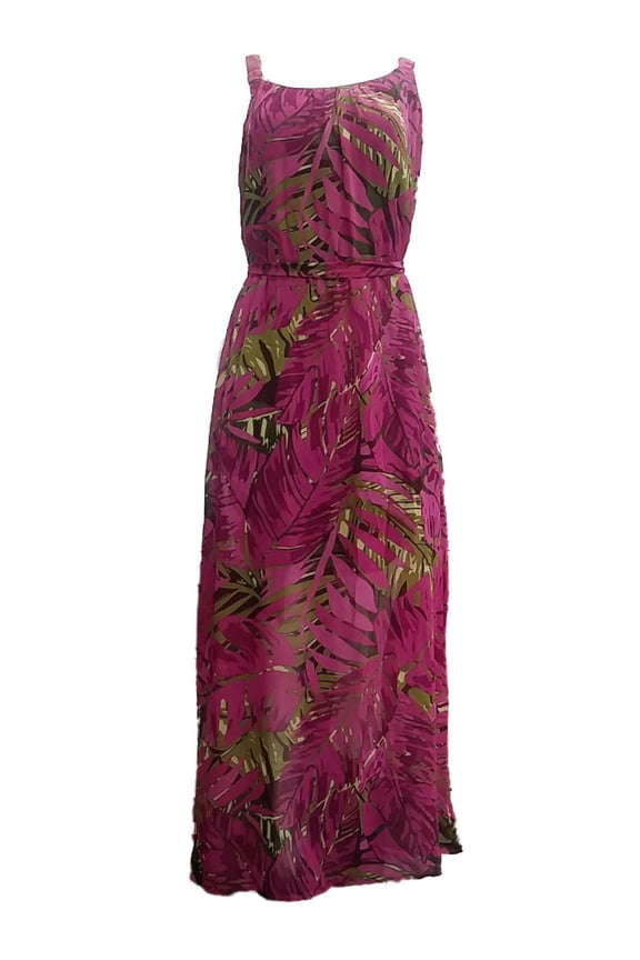 Womens Purple & Green Philodendron Leaf Opaque Tank Top Maxi Dress