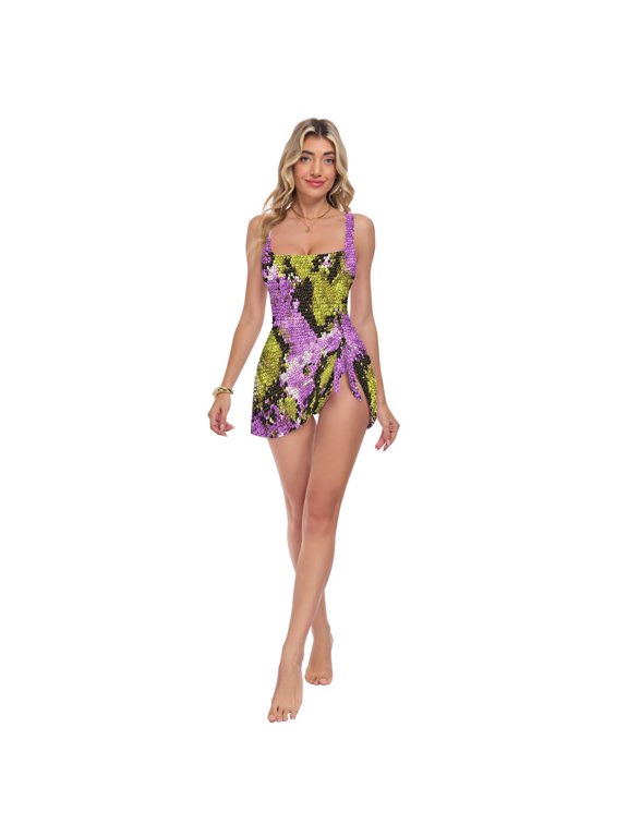 Womens Purple Green Python Pattern Print 2-in-1 Swim Dress Detachable Skirt One-Piece Swimsuit Square Neck S-XXL