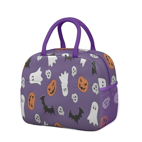 Womens Purple Halloween Ghosts Skulls and Bats Lunch Box for Work,Insulated Lunch Bag for Women,Loncheras Para Mujer,Leakproof Adult Lunch Bag for Work,Beach,Travel,Picnic,Camping