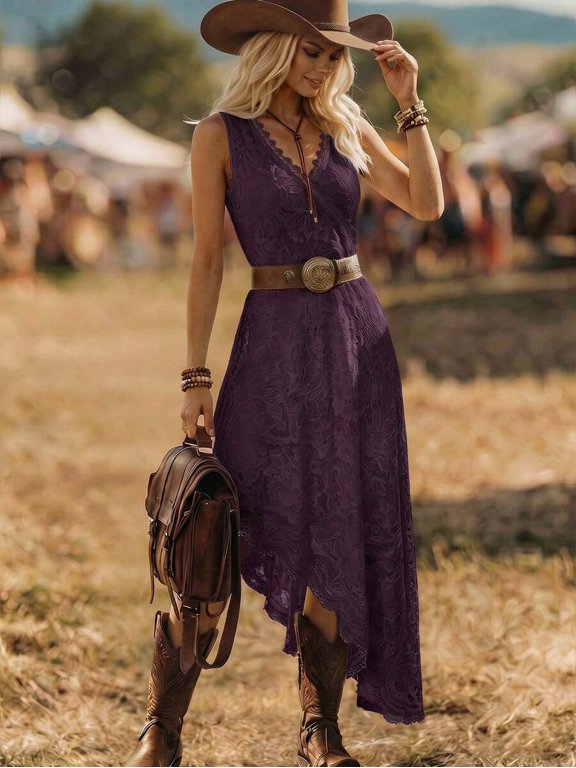 Womens Purple Lace V-Neck Sleeveless Asymmetrical Hem Midi Dress With Belt