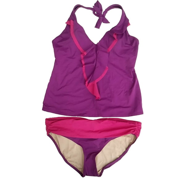 Womens Purple Magenta Ruffle 2 Piece Swimming Suit Sparklin Grape Tankini Set