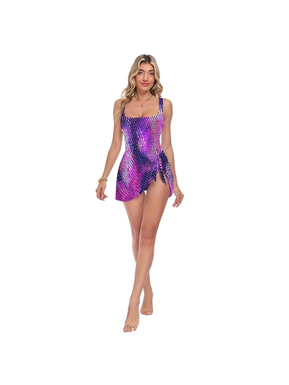 Womens Purple Python Pattern Print 2-in-1 Swim Dress Detachable Skirt One-Piece Swimsuit Square Neck S-XXL