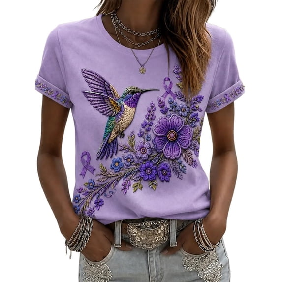 Womens Purple Ribbon Alzheimer'S Awareness Support Shirts Alzheimers Floral & Hummingbird Print Tops Short Sleeve Crew Neck T Shirts For Women