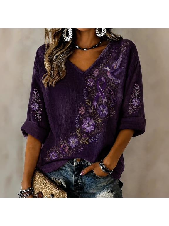 Womens Purple Ribbon Alzheimers Shirts Floral & Hummingbird Print Alzheimer'S Awareness Support 3/4 Length Sleeve Tops V Neck T Shirts For Women