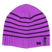 Womens Purple Stripe Button Beanie Hat Knit Active Stocking Cap