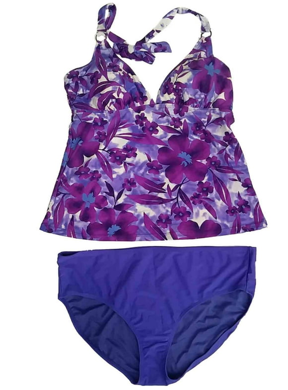 Womens Purple Violet Floral Flower 2 Piece Swimming Suit Leaf Print Tankini Set