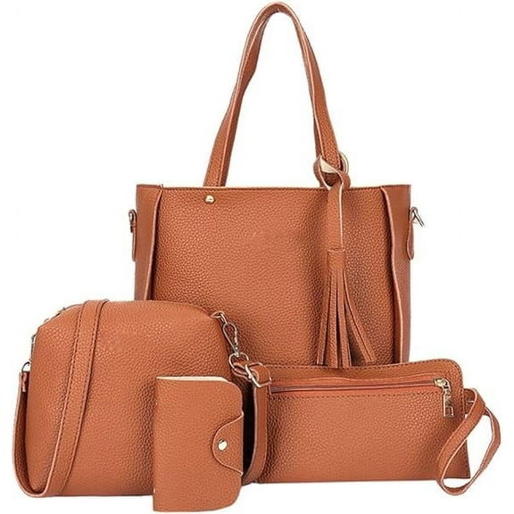 Womens Purses and Handbags, High Quality Leather   Polyester Lining Casual Style Bag 4 Sets Include 1 Large Handbag   1 Messenger Bag   1 Wallet Clutch   1card Holder, Brown
