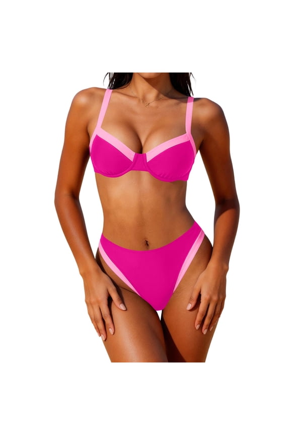 Womens Push Up High Waisted Bikini Set with Underwire Colorblock V Neck Tummy Control 2 Piece Swimsuit for Beach Hot Pink L(L)