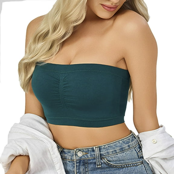 Womens Push Up Strapless Bras Plus Size Padded Wirefree Bandeau Bra Support Non-slip Seamless Tube Top Army Green, 34A-C