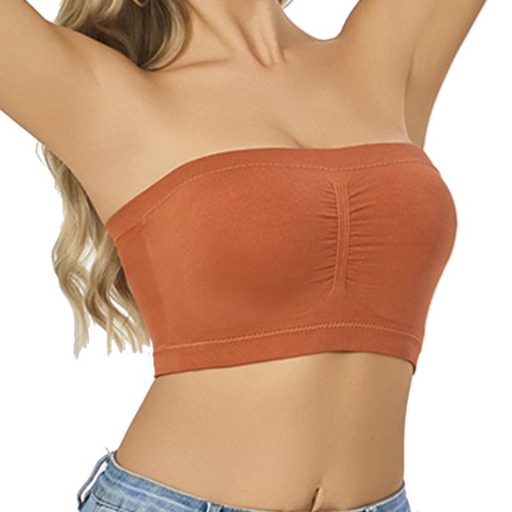 Womens Push Up Strapless Bras Plus Size Padded Wirefree Bandeau Bra Support Non-slip Seamless Tube Top Orange, 48C-DDD