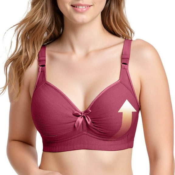 Womens Push up Bras Plus Size Light Lined Wire-Free Brassiere Bow Ruched Full Coverage Everyday Underwear, 42/95BC Wine