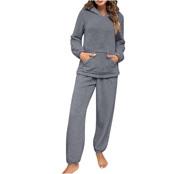 Womens Pyjama Sets, Hooded Fleece Pyjamas Pjs Hooded Sherpa Loungewear Women Winter Warm Cosy Soft Nightwear Lounge Wear Comfort Loose Fit Fleece 2 Piece Pyjamas Set with Pockets Ladies