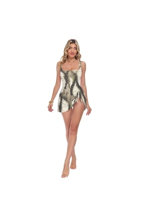 Womens Python Pattern Print 2-in-1 Swim Dress Detachable Skirt One-Piece Swimsuit Square Neck S-XXL
