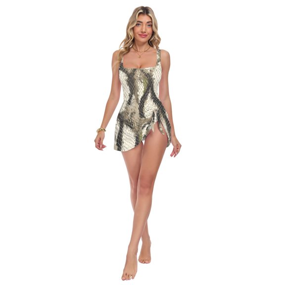 Womens Python Pattern Print 2-in-1 Swim Dress Detachable Skirt One-Piece Swimsuit Square Neck S-XXL