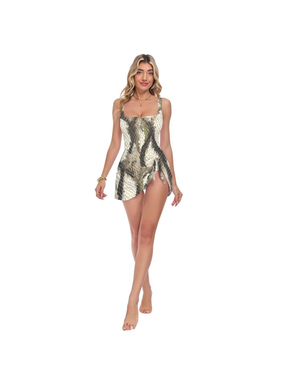 Womens Python Pattern Print 2-in-1 Swim Dress Detachable Skirt One-Piece Swimsuit Square Neck S-XXL