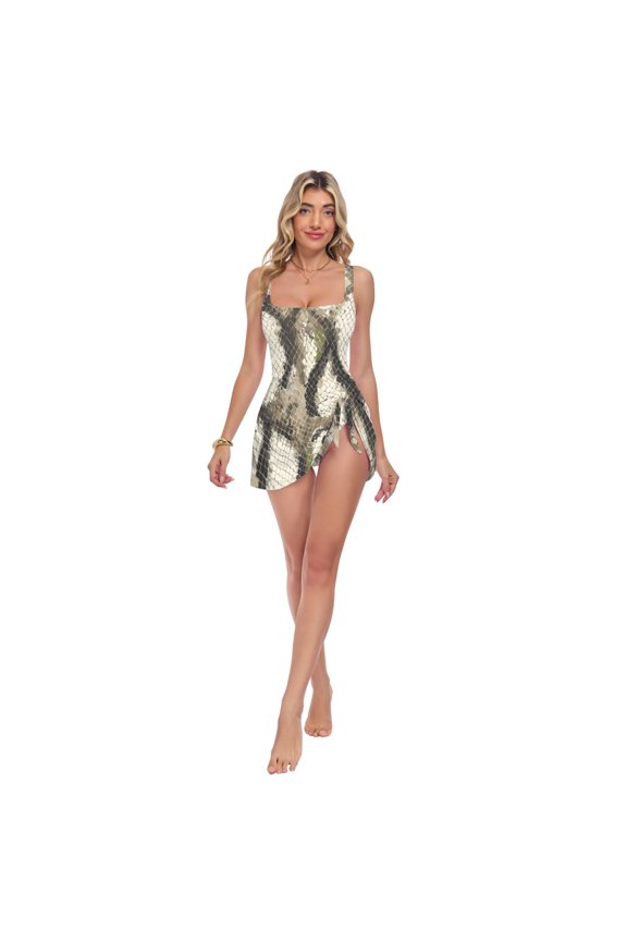 Womens Python Pattern Print 2-in-1 Swim Dress Detachable Skirt One-Piece Swimsuit Square Neck S-XXL
