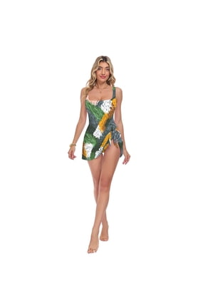Womens Python Snake Skin Pattern Print 2-in-1 Swim Dress Detachable Skirt One-Piece Swimsuit Square Neck S-XXL