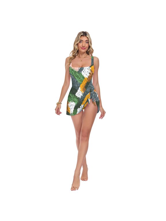 Womens Python Snake Skin Pattern Print 2-in-1 Swim Dress Detachable Skirt One-Piece Swimsuit Square Neck S-XXL