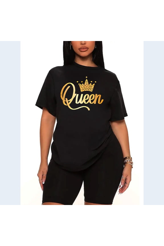 Womens QUEEN Print 2 Piece Sports Outfit Short Sleeve Top and Shorts Set Oversized Casual Summer Tracksuit-black-4XL
