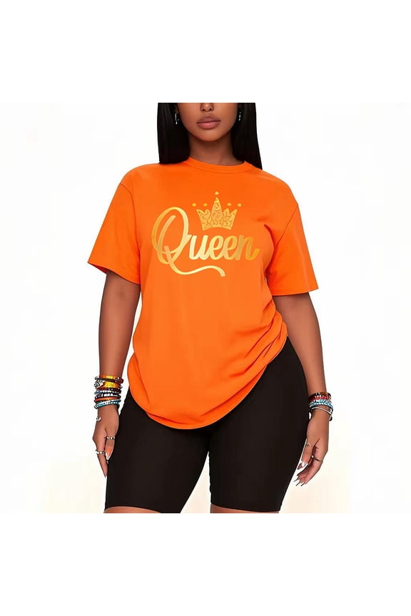 Womens QUEEN Print 2 Piece Sports Outfit Short Sleeve Top and Shorts Set Oversized Casual Summer Tracksuit-orange-5XL