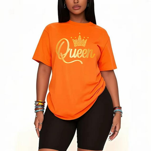 Womens QUEEN Print 2 Piece Sports Outfit Short Sleeve Top and Shorts Set Oversized Casual Summer Tracksuit-orange-XL