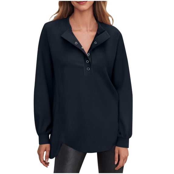 Womens Quarter Button Sweatshirts Lightweight Long Sleeve Pullover Tops Solid Color Trendy Comfortable Sweatshirt Navy XXL