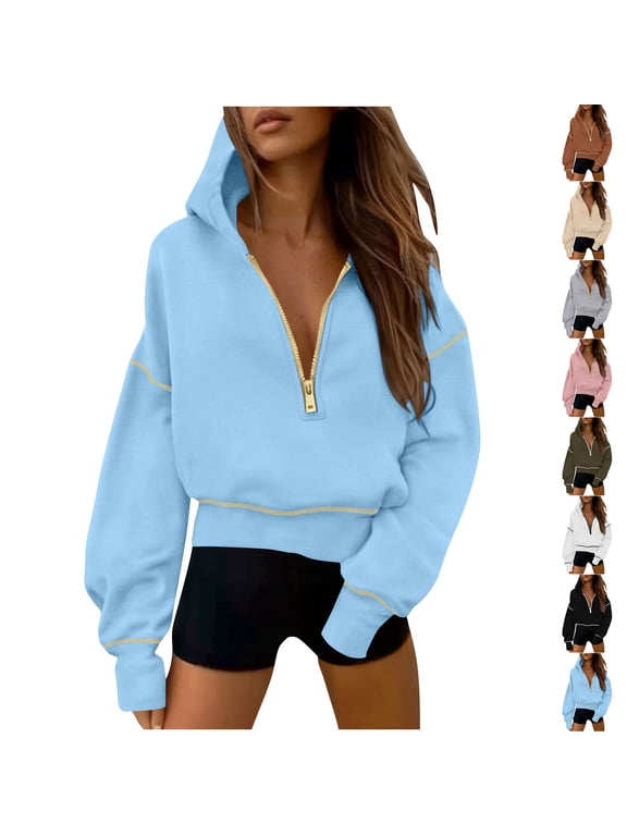 Womens Quarter Half Zip Cropped Hoodies Long Sleeve Fall Fashion Winter Pullover Workout Jackets Sweaters Gray 3XL