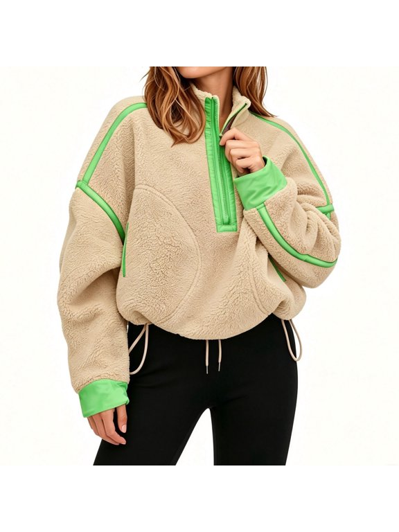 Womens Quarter Zip Fleece Pullover Sherpa Jacket Fall Winter Warm Sweatshirt with Pockets
