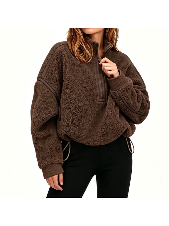 Womens Quarter Zip Fleece Pullover Sherpa Jacket Fall Winter Warm Sweatshirt with Pockets