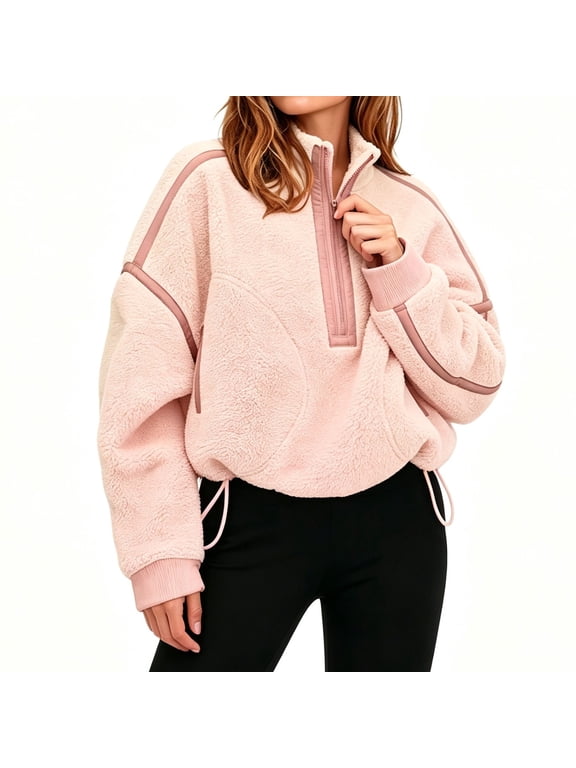 Womens Quarter Zip Fleece Pullover Sherpa Jacket Fall Winter Warm Sweatshirt with Pockets