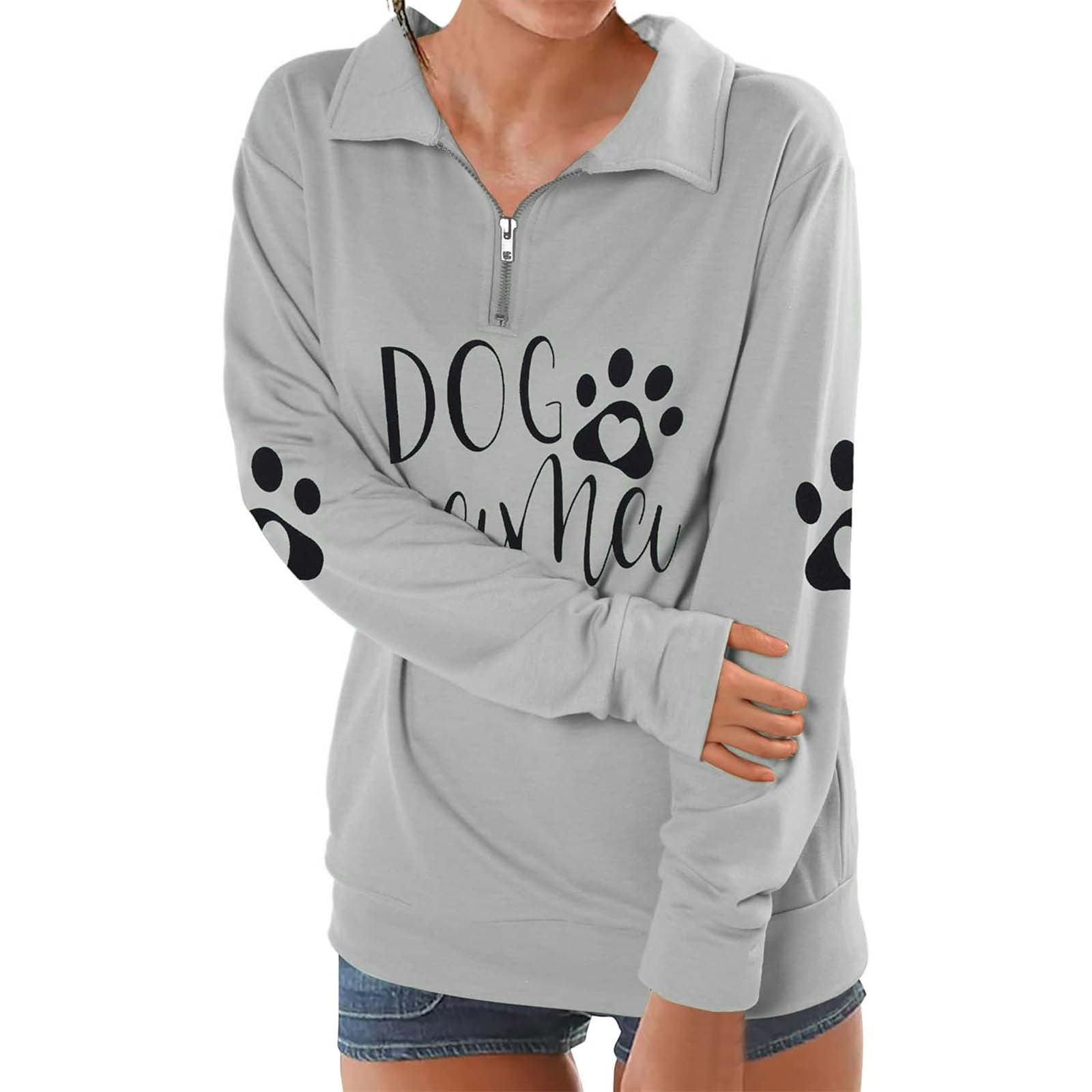 Womens Quarter Zip Loose Fit Pullovers Trendy No Hood Sweatshirts Long Sleeve Dog Mama Letter Printed Tshirts Causal Fall Going out Graphic Tee Tops Light Gray 0722*sweatshirts XL