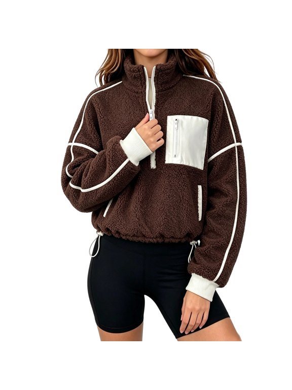 Womens Quarter Zip Oversized Pullover Polar Fleece Jacket Fall Sweatshirt,L