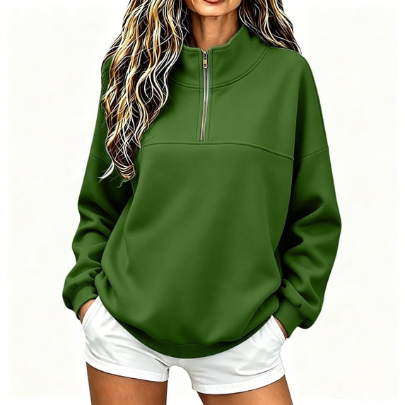 Womens Quarter Zip Oversized Sweatshirts Long Sleeve Pullover Top, Mock Neck Sweater Fall Workout Jacket Beige L