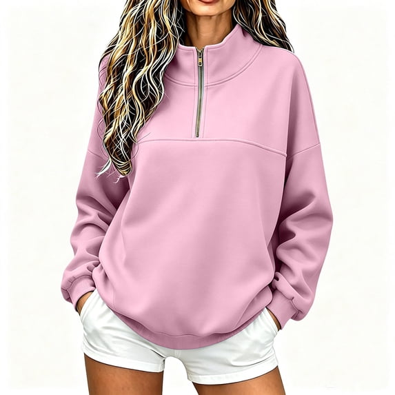 Womens Quarter Zip Oversized Sweatshirts Long Sleeve Pullover Top, Mock Neck Sweater Fall Workout Jacket Pink XL