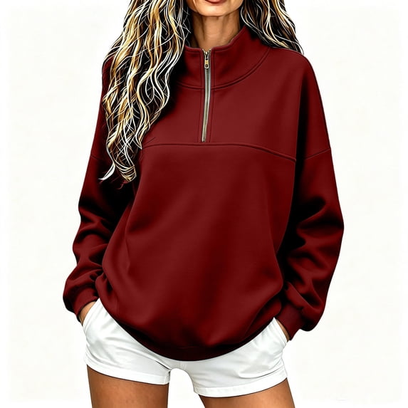 Womens Quarter Zip Oversized Sweatshirts Long Sleeve Pullover Top, Mock Neck Sweater Fall Workout Jacket Red L