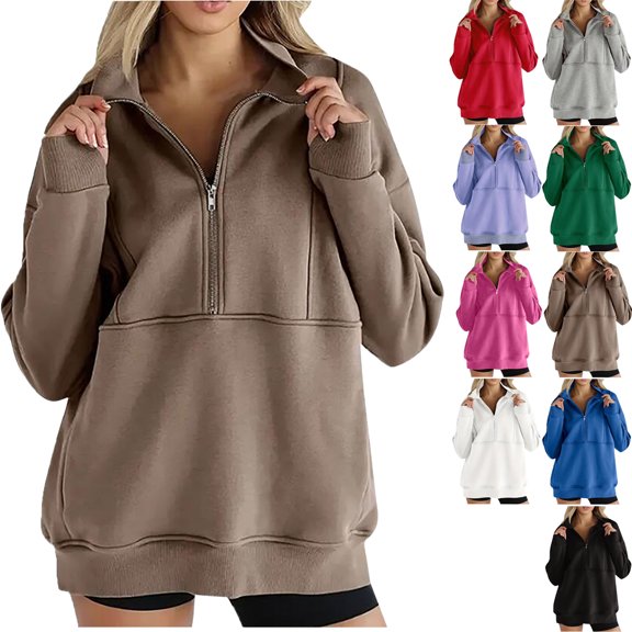Womens Quarter Zip Oversized Sweatshirts Pullover Hoodies Lapel Zipper Sweatshirt Fall Workout Jacket Loose Pullover Tops Ladies' Casual Loose Long-sleeved Solid Color Comfortable Hooded