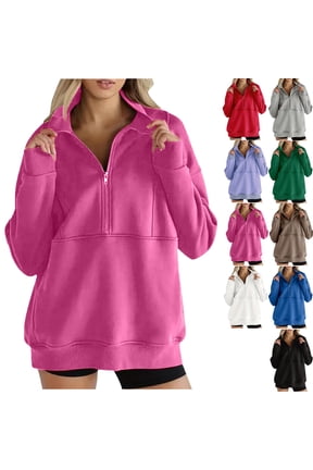 Womens Quarter Zip Oversized Sweatshirts Pullover Hoodies Lapel Zipper Sweatshirt Fall Workout Jacket Loose Pullover Tops Ladies' Casual Loose Long-sleeved Solid Color Comfortable Hooded