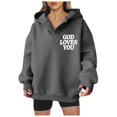 thumbnail image 1 of Womens Quarter Zip Pullover Fall Winter Oversized Hooded Long-sleeved Mitten- Drop Shoulder Hoody Graphic Leisure Cotton Hoodies Sweatshirts(Grey,XL), 1 of 6