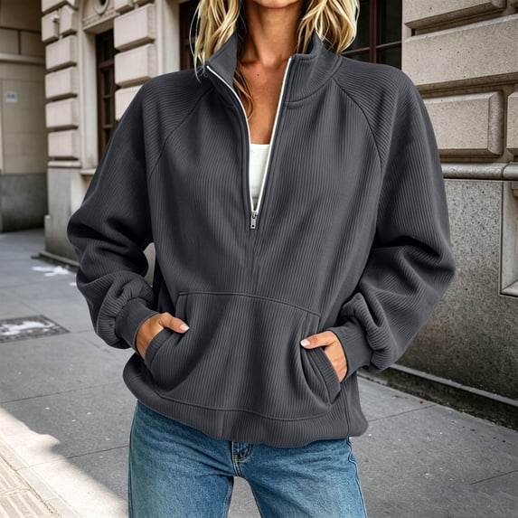 Womens Quarter Zip Pullover Oversized Corduroy Jacket Fll Winter Casual Sweatshirt Hoodies with Pockets 2XL