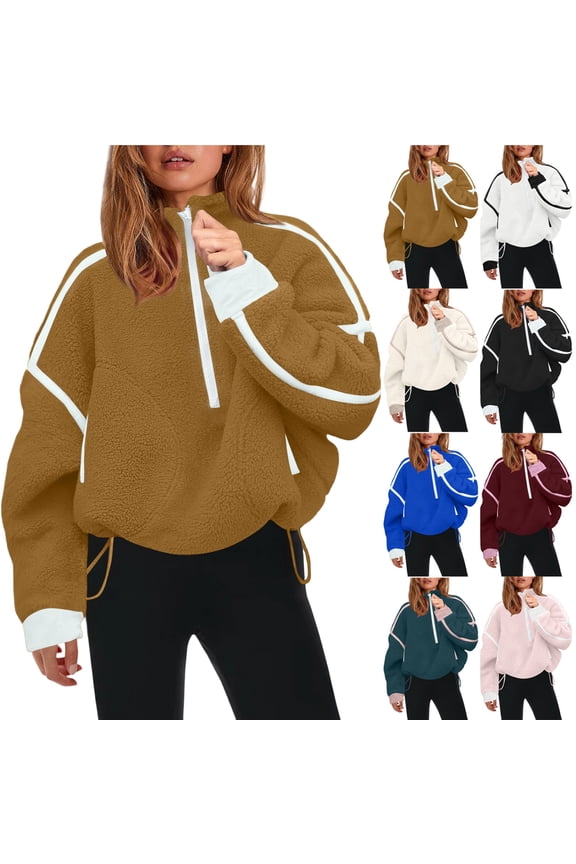 Womens Quarter Zip Pullover Sherpa Fleece Jacket Oversized Sweatshirt Half Zip Pullover Fuzzy Outerwear Black S