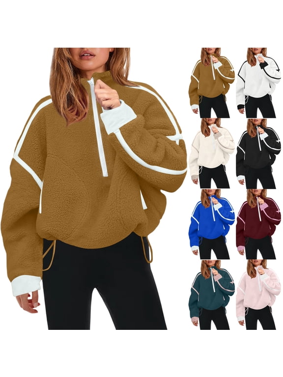 Womens Quarter Zip Pullover Sherpa Fleece Jacket Oversized Sweatshirt Half Zip Pullover Fuzzy Outerwear Blue L