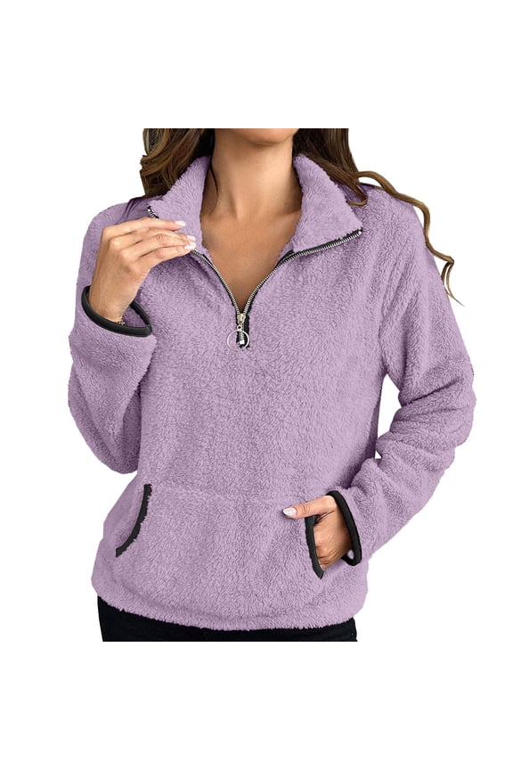 Womens Quarter Zip Pullover Sherpa Fleece Sweatshirt Oversized Zip Up Half Zip Seater Cozy Fuzzy Outerwear Pocket