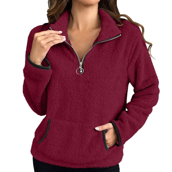 Womens Quarter Zip Pullover Sherpa Fleece Sweatshirt Oversized Zip Up Half Zip Seater Cozy Fuzzy Outerwear Pocket