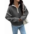 thumbnail image 1 of Womens Quarter Zip Pullover Sweaters Casual Collared V Neck Color Block Long Sleeve Loose Knit Fall Sweater Dark Gray L, 1 of 6
